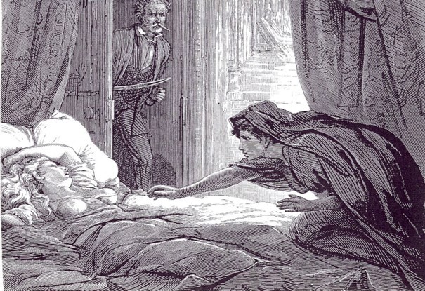 Friston, D. H. (1872) Carmilla leaning over Laura. [Illustration]